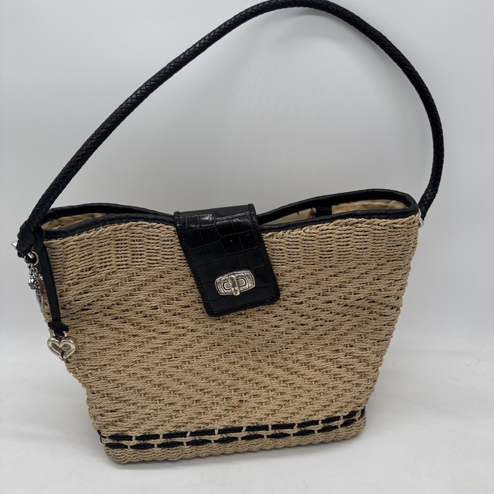 Brighton Woven Straw Purse With Floral Lining Magnetic Closure Black Trim Medium